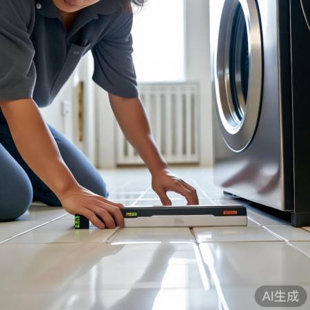 “洗衣机放置需平整，用水平仪调