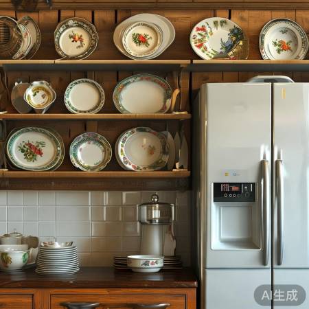 冰箱旁放美餐具，生活气息浓。